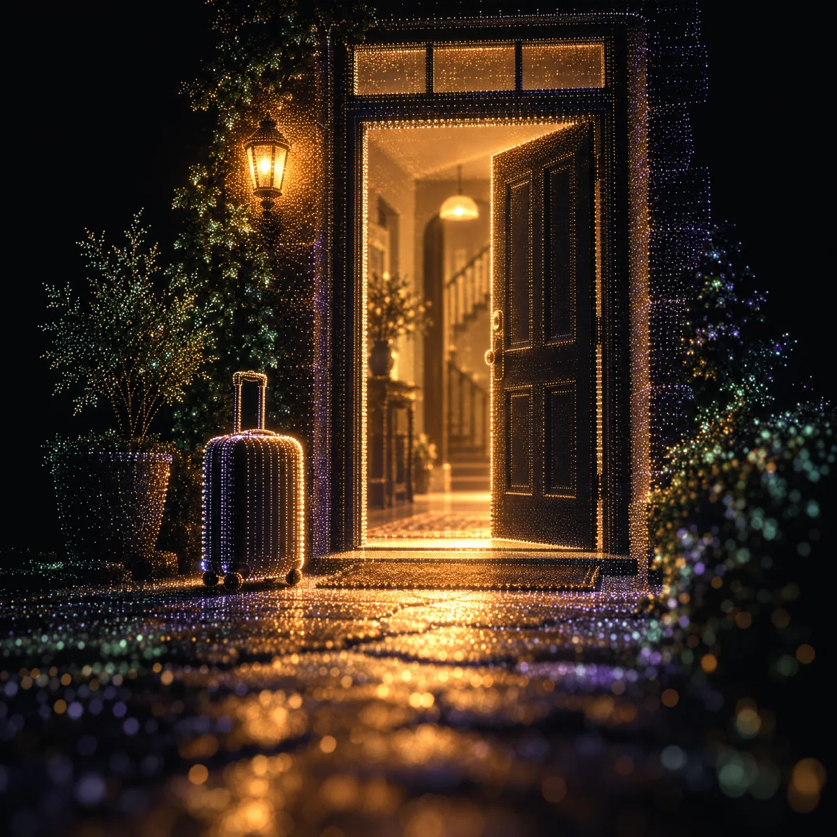Ilustração em pontos de luz: uma porta de entrada aberta a derramar luz quente sobre o caminho, com uma mala à espera ao lado.