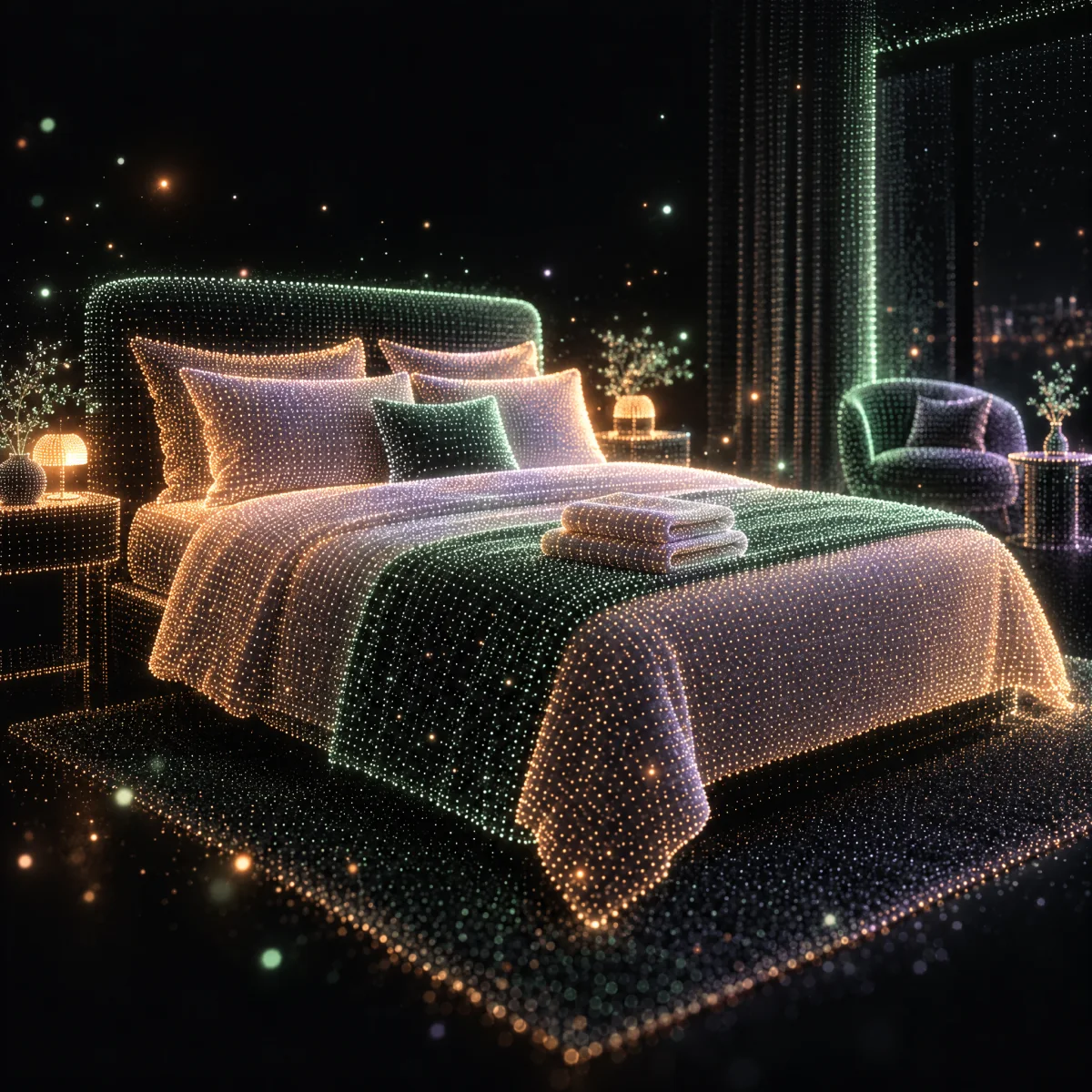 Ilustração em pontos de luz: uma cama acabada de fazer, com toalhas dobradas e algumas faíscas de luz.