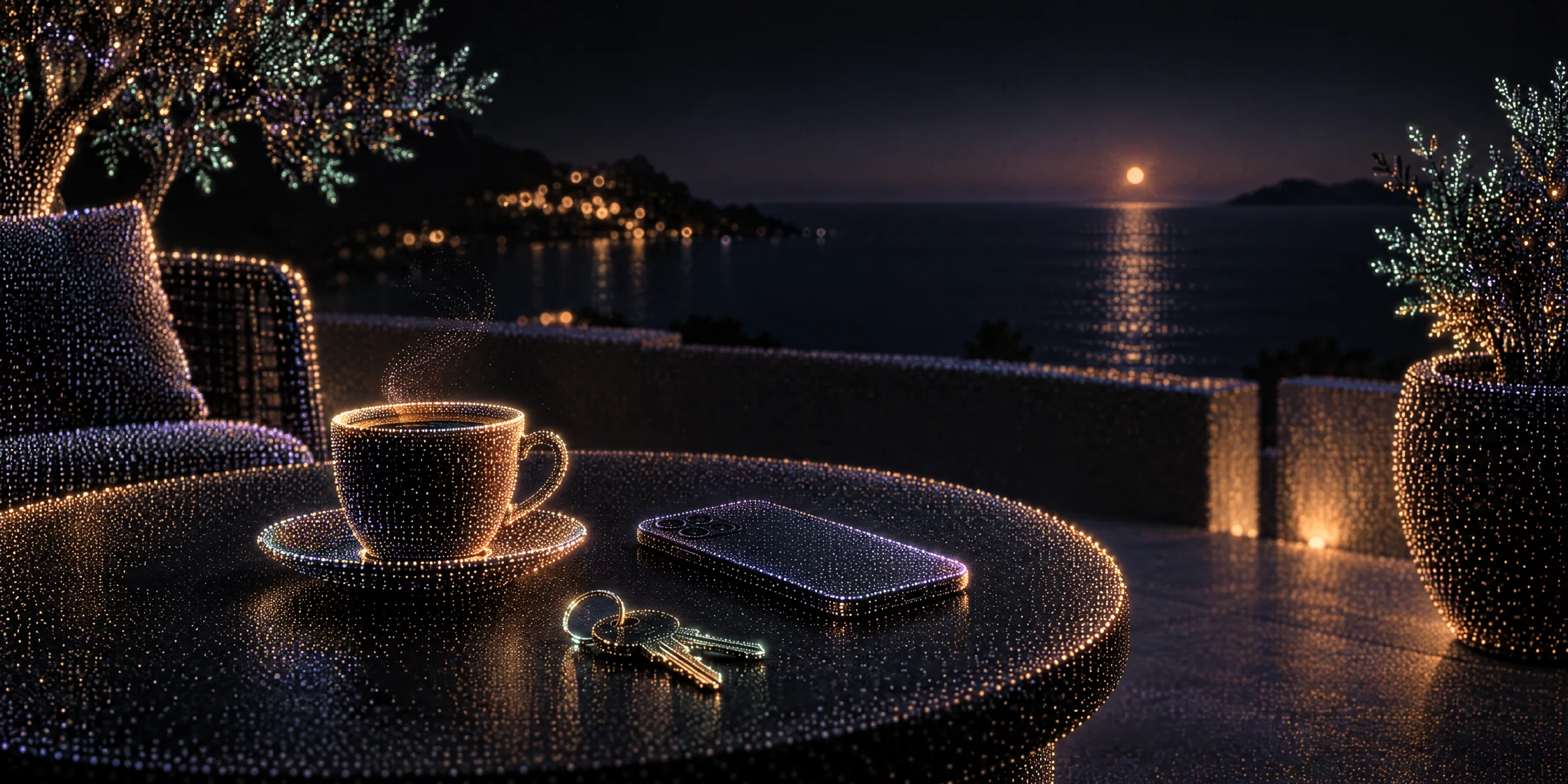 Ilustração em pontos de luz: um terraço na hora azul, com uma chávena de café, um telemóvel virado para baixo e as chaves de casa, com o mar ao longe.