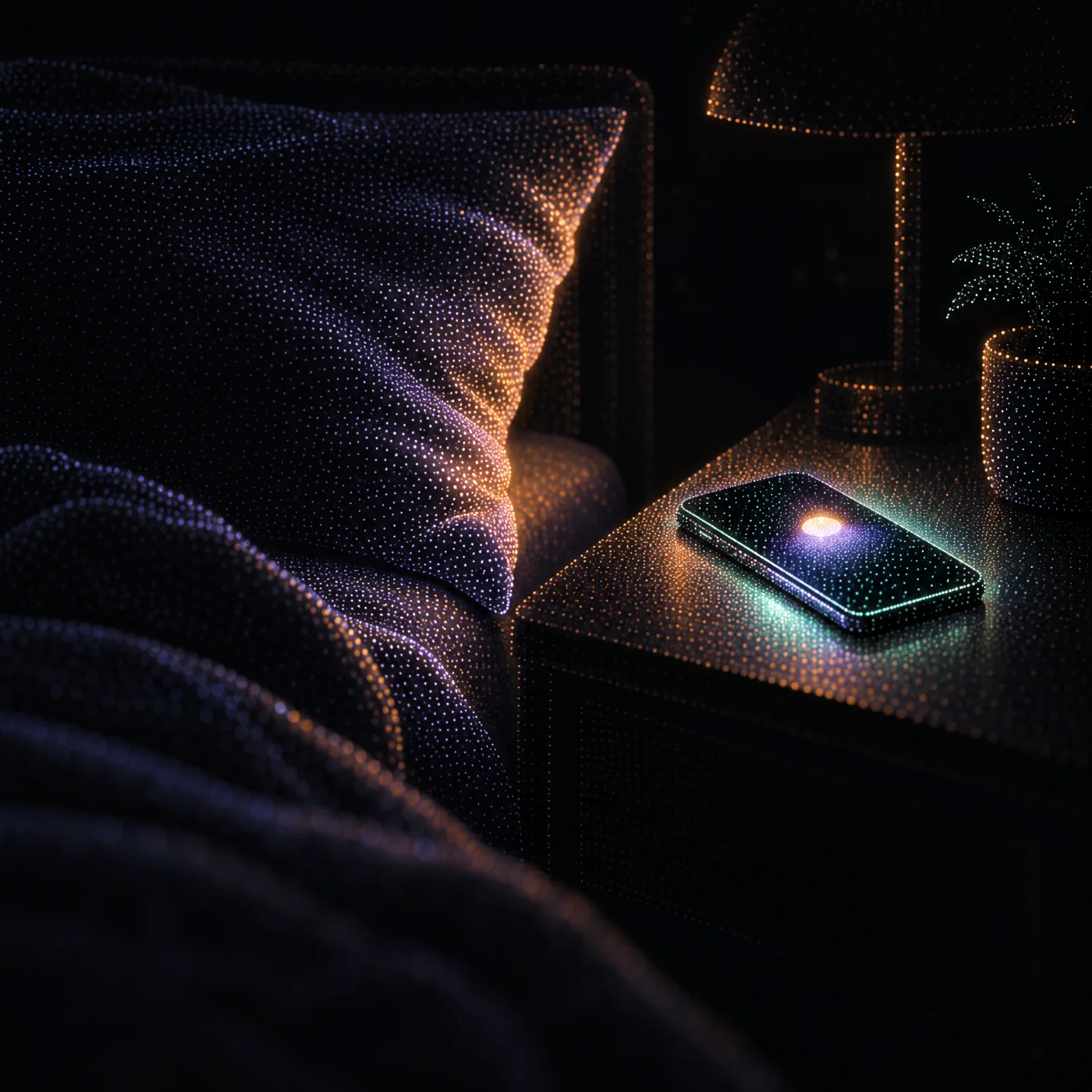Ilustração em pontos de luz: um telemóvel a acender-se com uma nova mensagem, numa mesa de cabeceira, à noite.