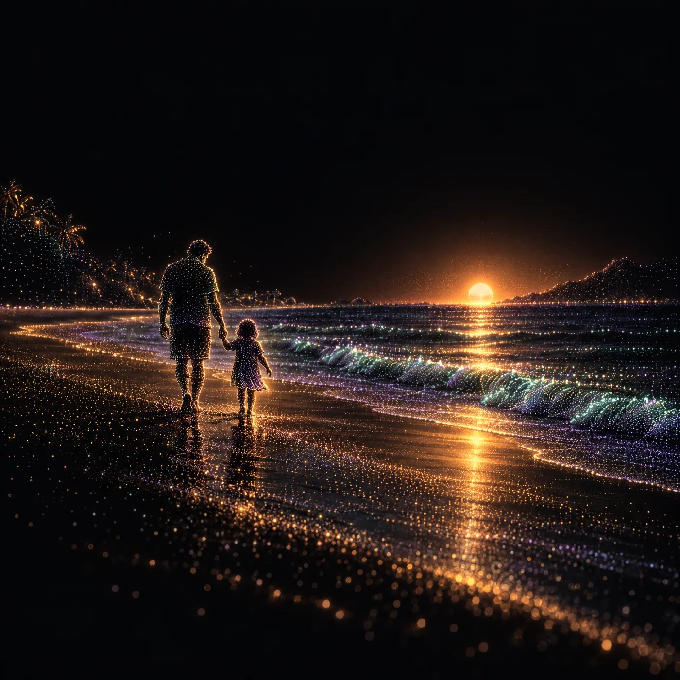 Ilustração em pontos de luz: um adulto e uma criança pequena a caminhar de mão dada numa praia ao pôr do sol.